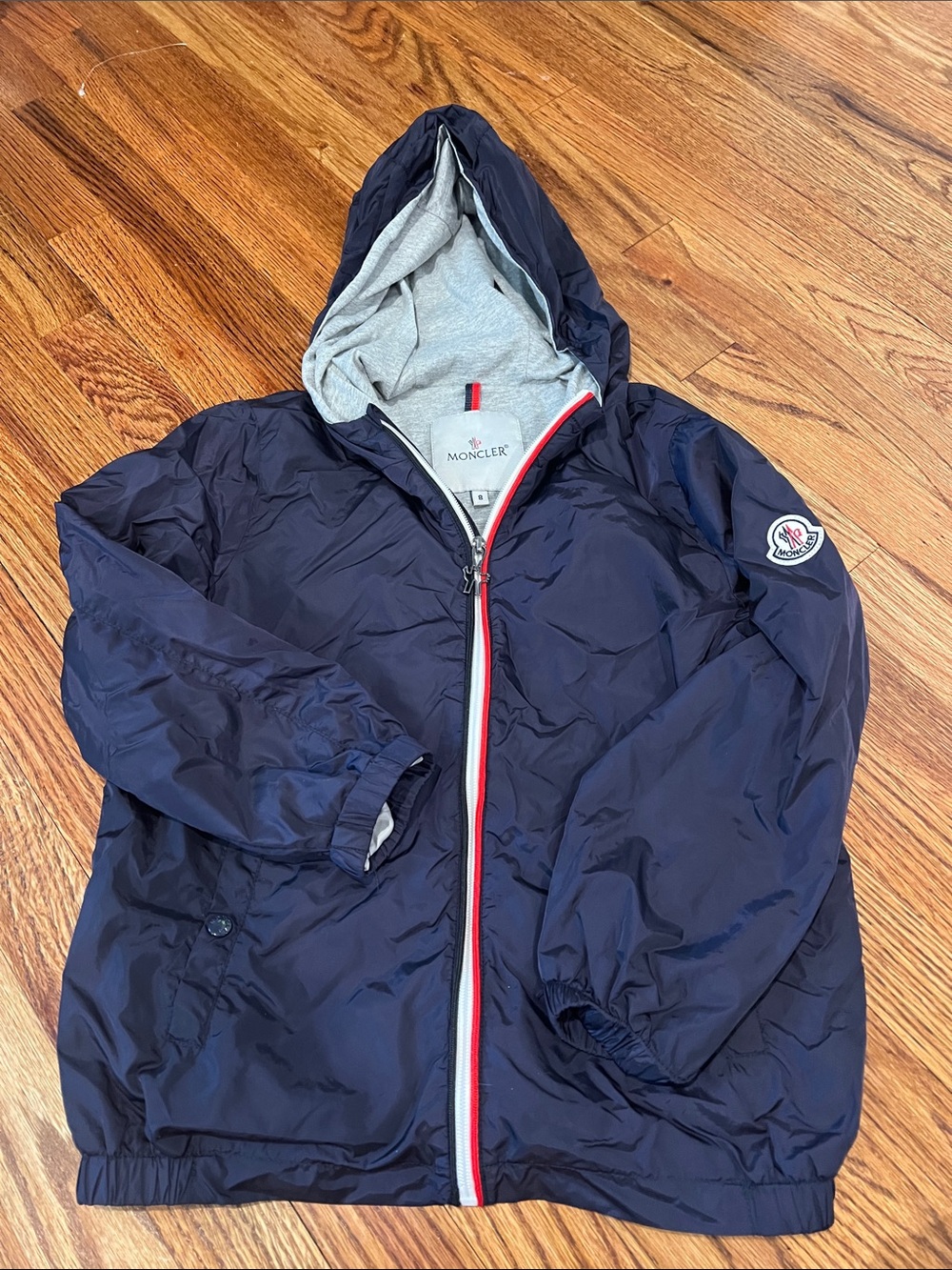 Kids Moncler Navy Blue Hooded Windbreaker with Red-White Trim